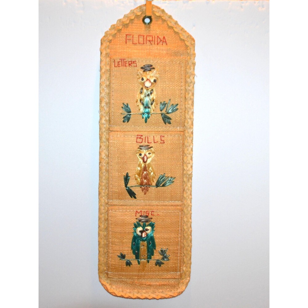 Vintage Owl Wall Mail Holder Old Florida Straw Market